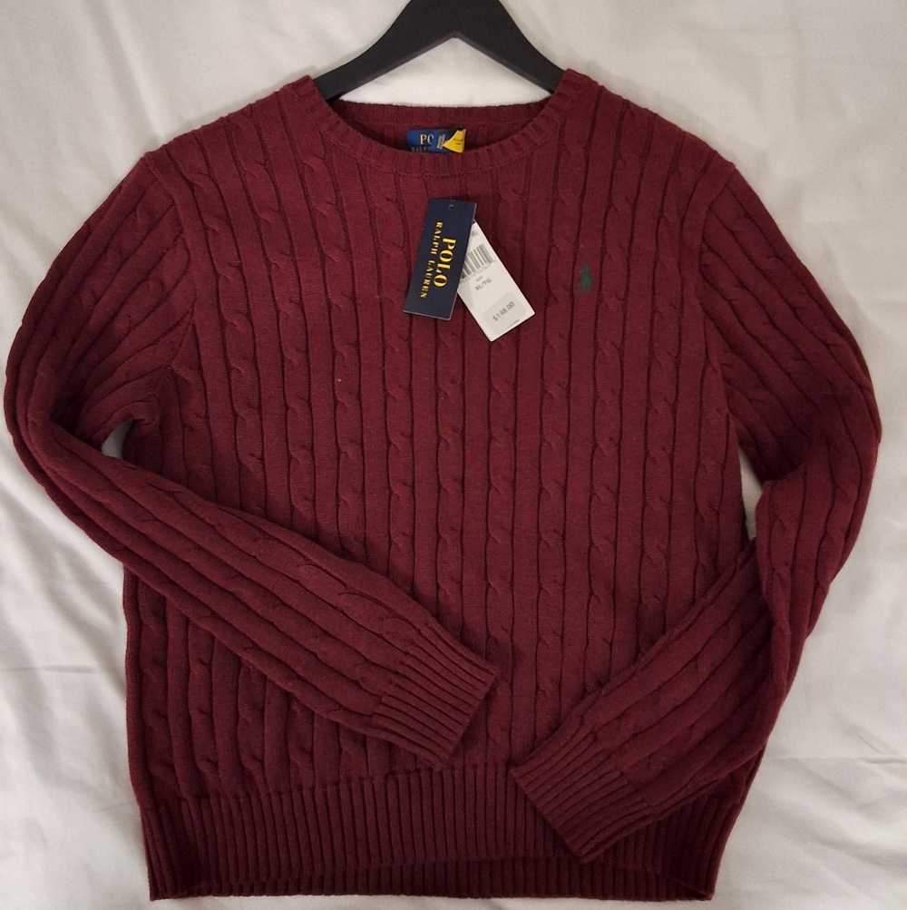 NWT Polo Ralph Lauren Burgendy Cable Knit Sweater, Size XL